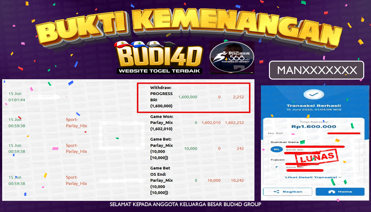 BUDI4D JACKPOT SPORTSBOOK SBO SPORTS Rp.1.600.000,- LUNAS