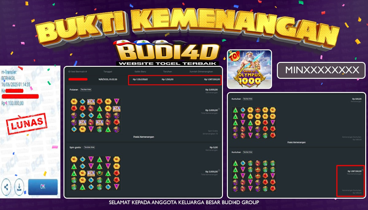 BUDI4D JACKPOT SLOT PRAGMATIC GATES OF OLYMPUS 1000 Rp.1.133.000,- LUNAS