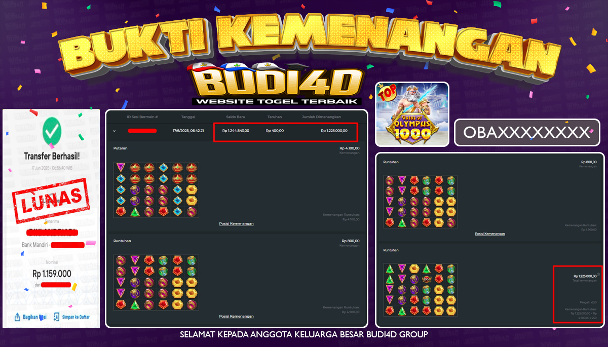 BUDI4D JACKPOT SLOT PRAGMATIC GATES OF OLYMPUS 1000 Rp.1.159.000,- LUNAS