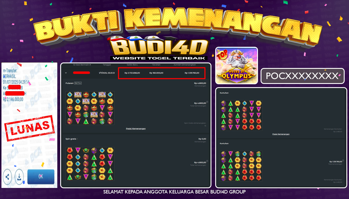 BUDI4D JACKPOT SLOT PRAGMATIC GATE OF OLYMPUS Rp.2.146.000,- LUNAS