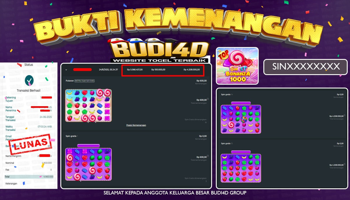 BUDI4D JACKPOT SLOT PRAGMATIC SWEET BONANZA 1000 Rp.4.900.000,- LUNAS