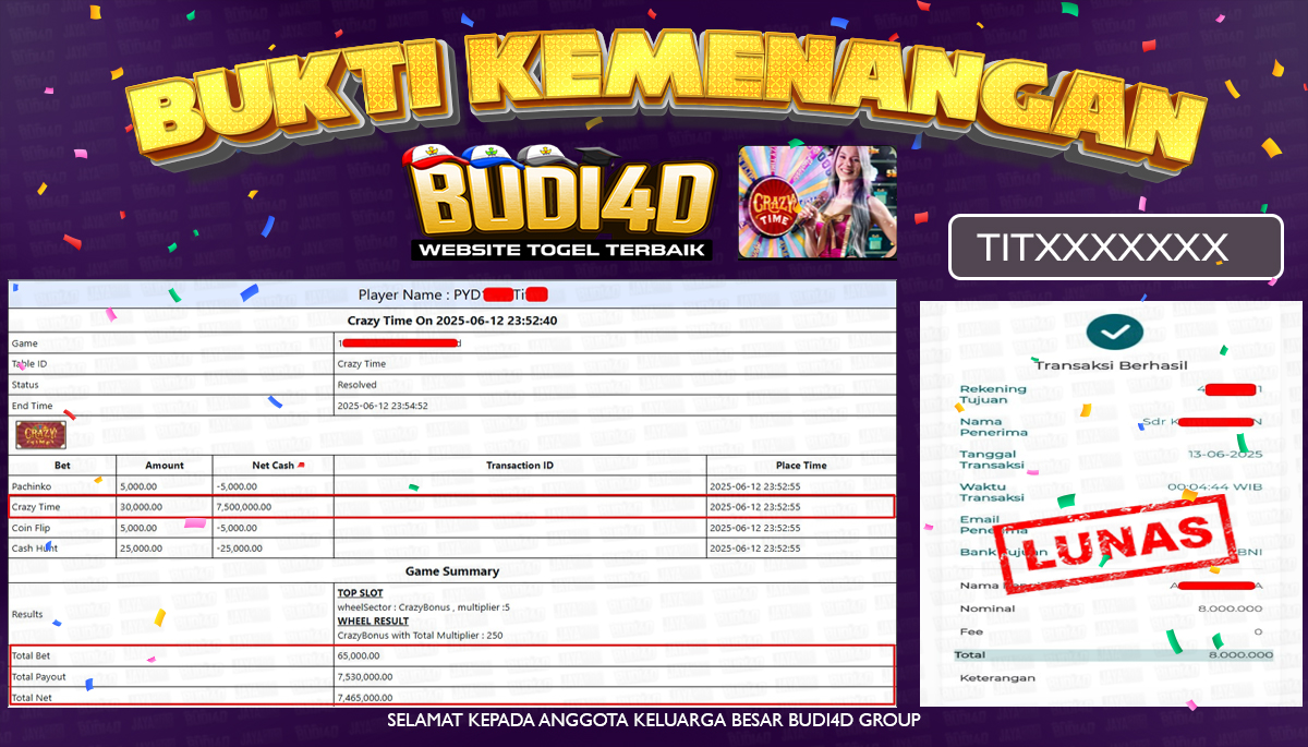 BUDI4D JACKPOT LIVE CASINO EVOLUTION CRAZY TIME Rp.8.000.000,- LUNAS