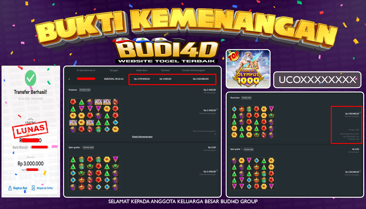 BUDI4D JACKPOT SLOT PRAGMATIC GATES OF OLYMPUS 1000 Rp.3.000.000,- LUNAS