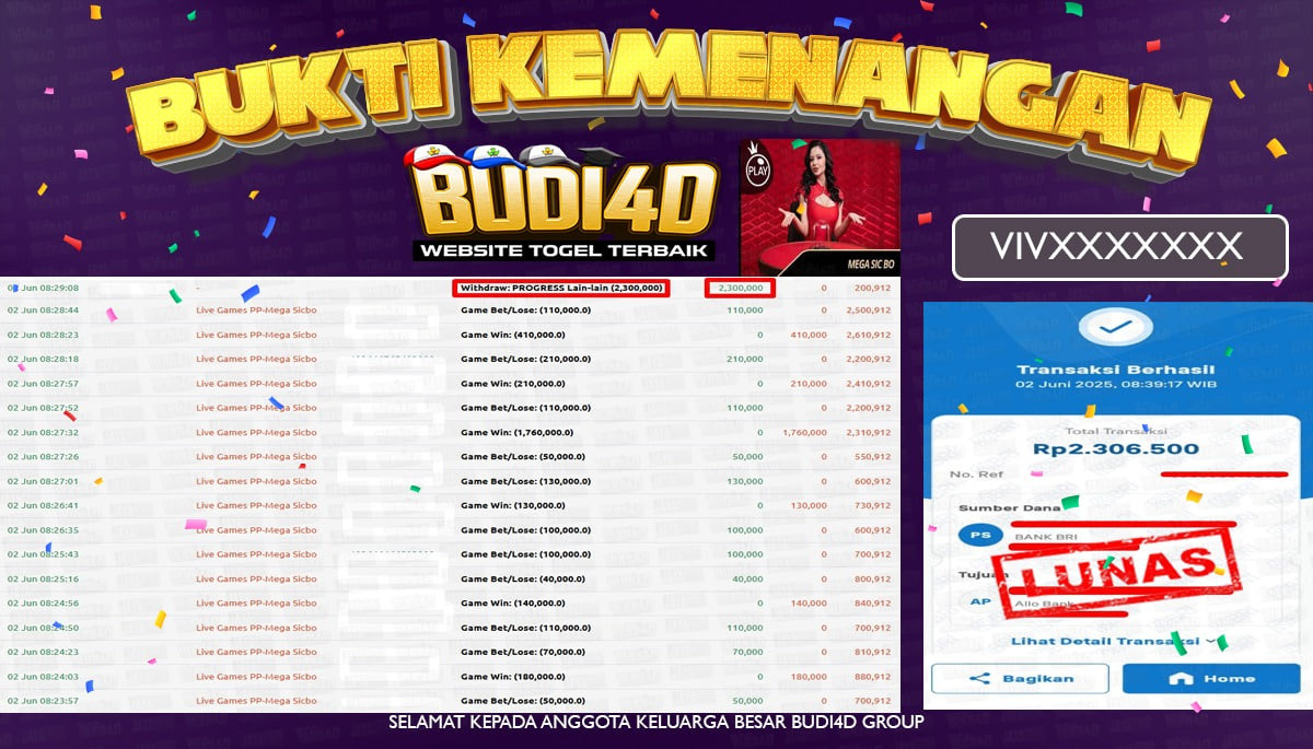 BUDI4D JACKPOT SLOT LIVE CASINO MEGA SICBO Rp.2.306.500,- LUNAS