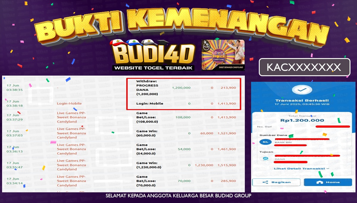 BUDI4D JACKPOT LIVECASINO SWEET BONANZA CANDYLAND  Rp.1.200.000,- LUNAS