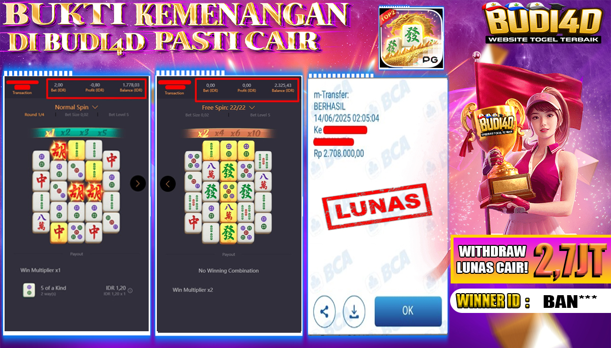 BUDI4D JACKPOT SLOT PGSOFT MAHJONG WAYS 2 Rp.2.708.000,- LUNAS