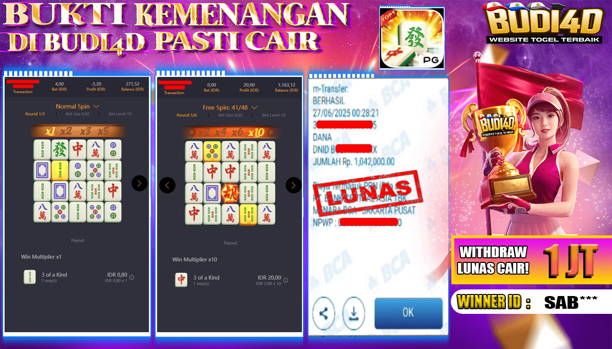 BUDI4D JACKPOT SLOT PG SOFT MAHJONG WAYS Rp.1.042.000,- LUNAS