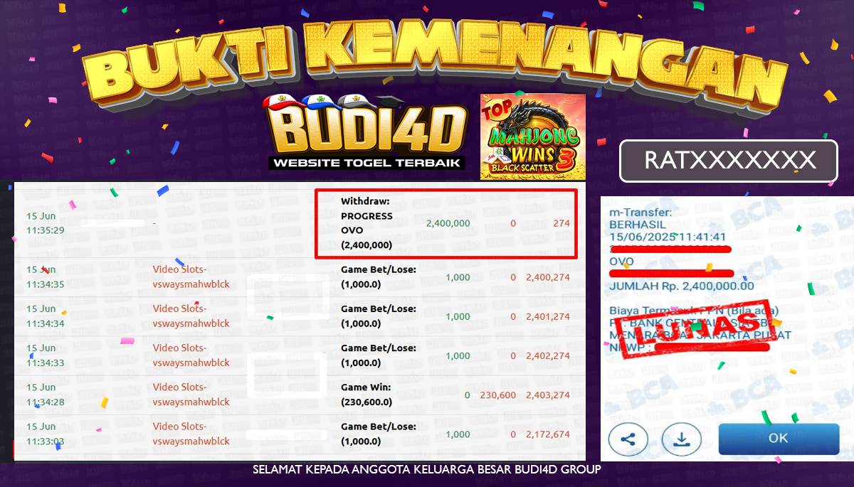 BUDI4D JACKPOT SLOT PRAGMATIC PLAY MAHJONG WINS 3 – BLACK SCATTER Rp.2.400.000,- LUNAS
