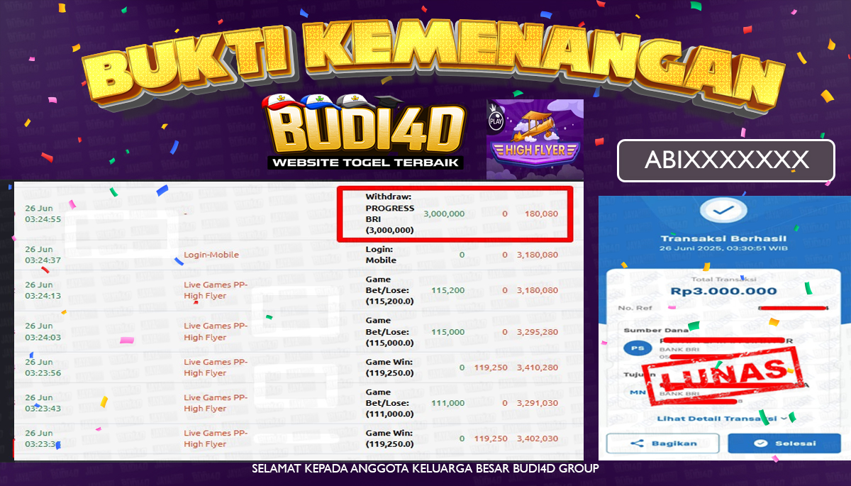 BUDI4D JACKPOT LIVE CASINO HIGH FLYER Rp.3.000.000,- LUNAS