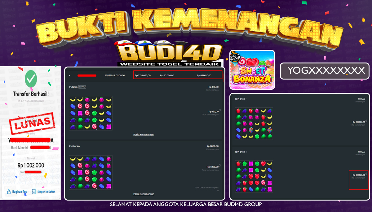 BUDI4D JACKPOT SLOT PRAGMATIC PLAY SWEET BONANZA Rp.1.002.000,- LUNAS
