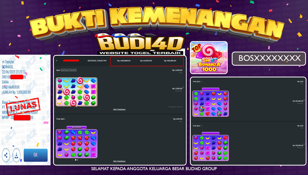 BUDI4D JACKPOT SLOT PRAGMATIC PLAY SWEET BONANZA 1000 Rp.1.000.000,- LUNAS