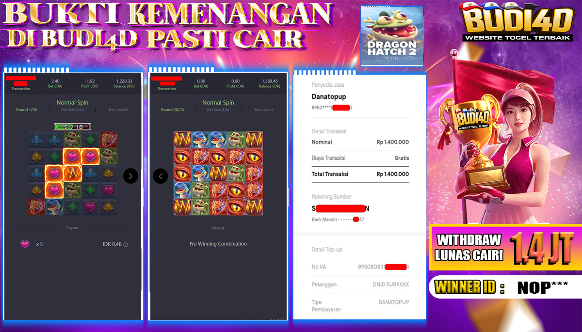 BUDI4D JACKPOT SLOT PGSOFT DRAGON HATCH 2 Rp.1.400.000,- LUNAS