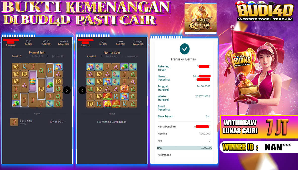 BUDI4D JACKPOT SLOT PGSOFT WAYS OF THE QILIN Rp.7.000.000,- LUNAS