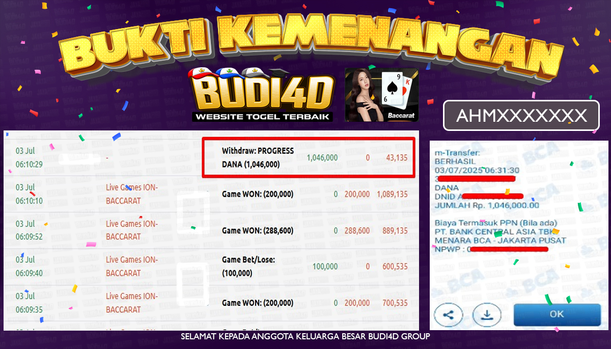BUDI4D JACKPOT LIVE CASINO – ION BACCARAT Rp.1.046.000,- LUNAS