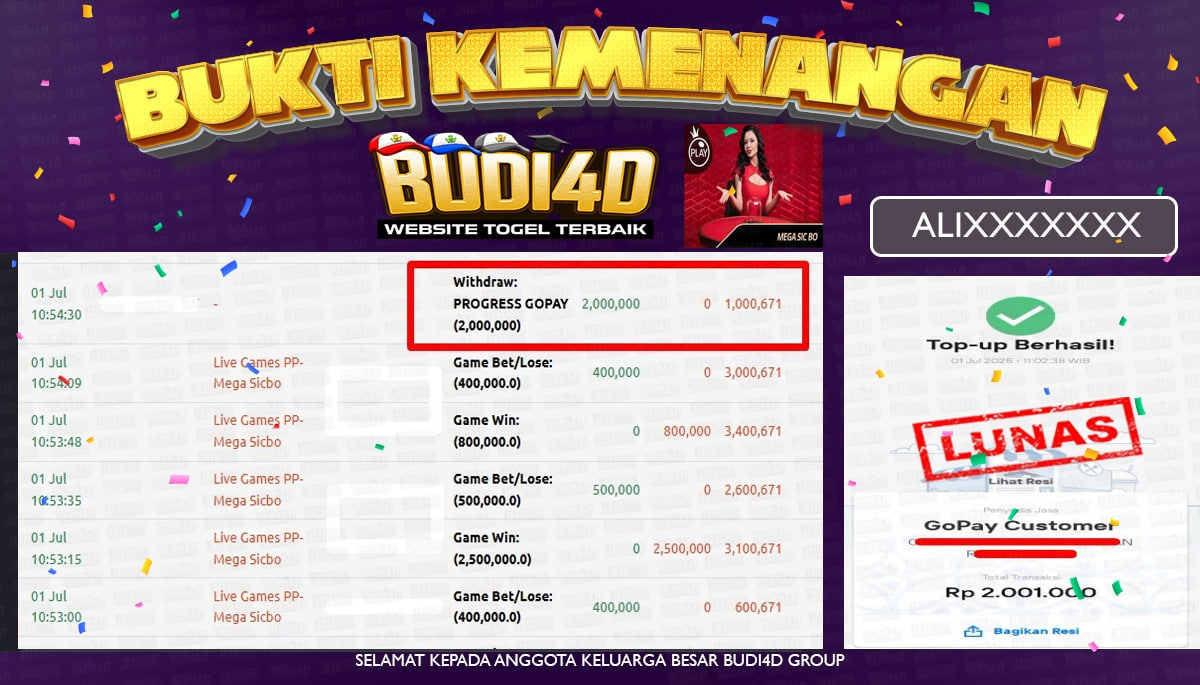 BUDI4D JACKPOT LIVE CASINO MEGA SICBO Rp.2.001.000,- LUNAS