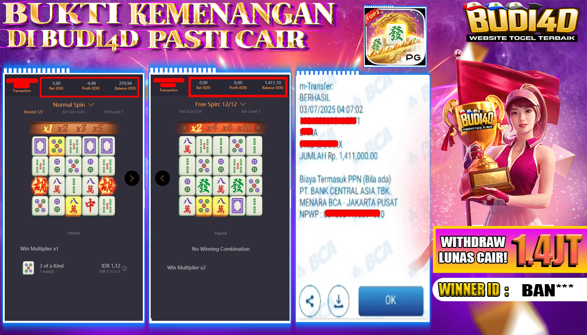 BUDI4D JACKPOT SLOT PG SOFT MAHJONG WAYS Rp.1.411.000,- LUNAS