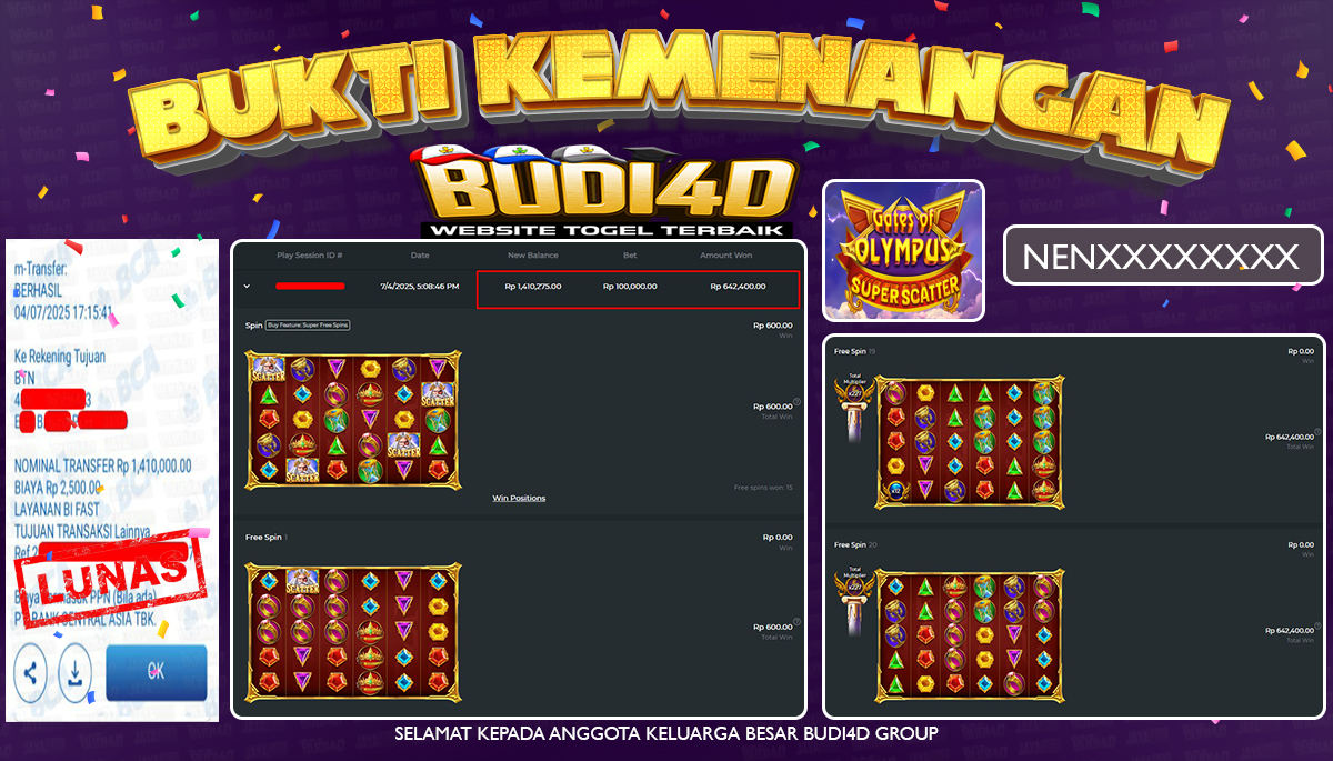 BUDI4D JACKPOT SLOT PRAGMATIC GATES OF OLYMPUS SUPER SCATTER Rp.1.410.000,- LUNAS