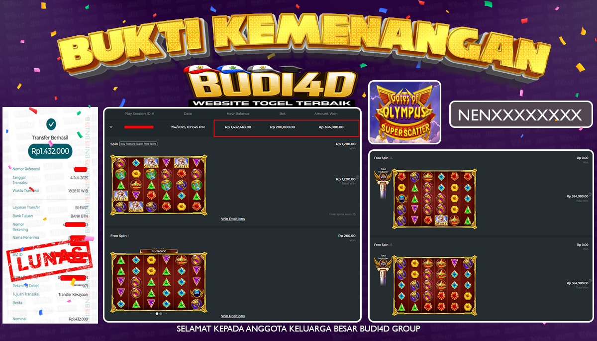 BUDI4D JACKPOT SLOT PRAGMATIC GATES OF OLYMPUS SUPER SCATTER Rp.1.432.000,- LUNAS