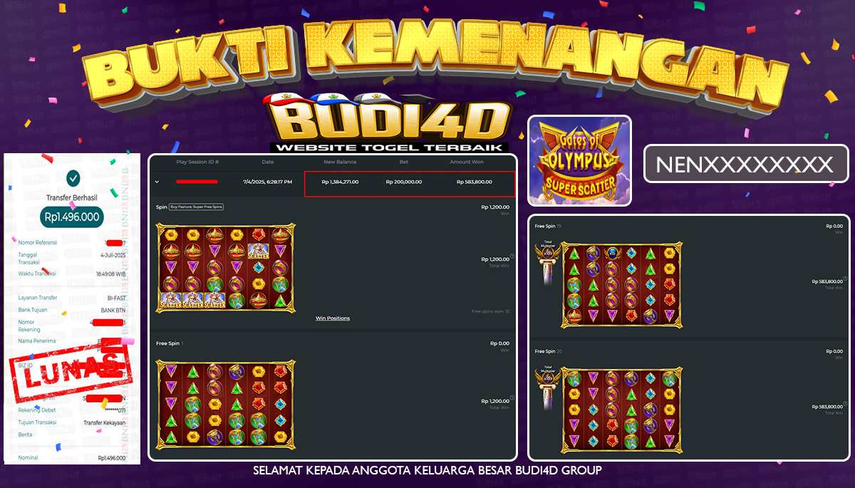 BUDI4D JACKPOT SLOT PRAGMATIC GATES OF OLYMPUS SUPER SCATTER Rp.1.496.000,- LUNAS