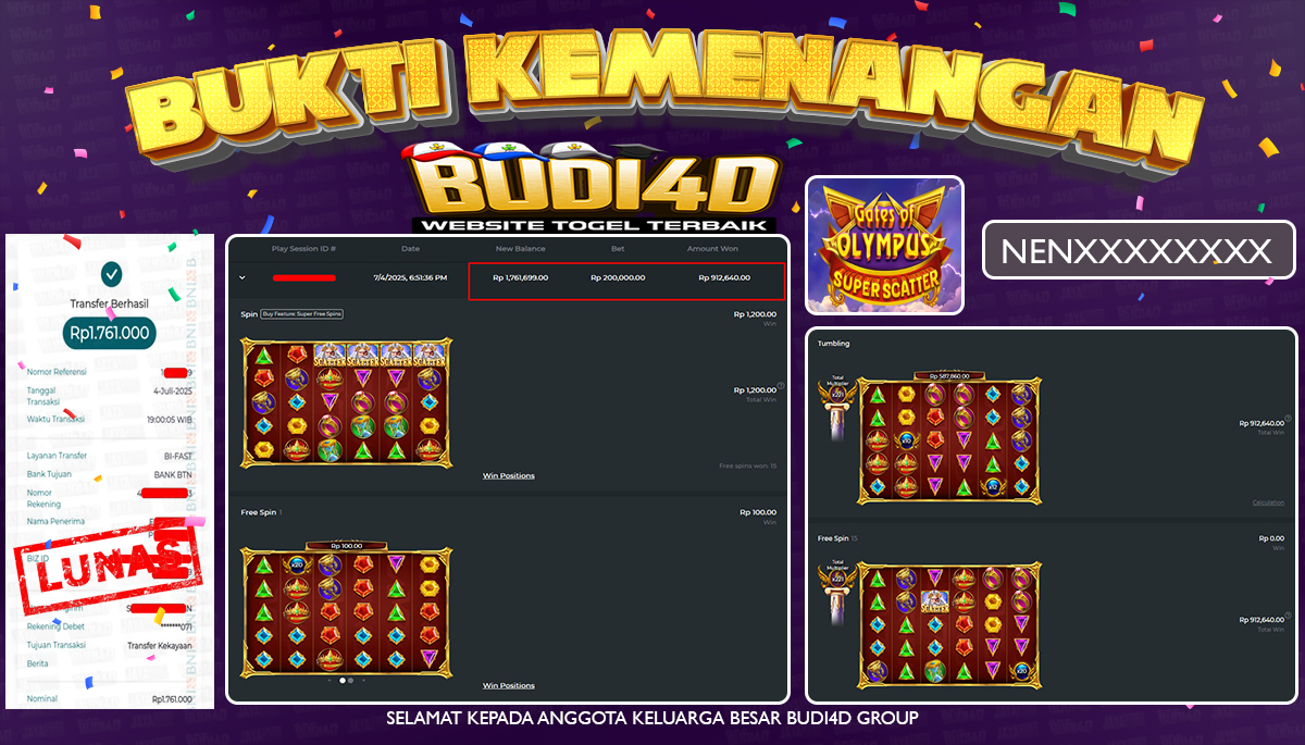 BUDI4D JACKPOT SLOT PRAGMATIC GATES OF OLYMPUS SUPER SCATTER Rp.1.761.000,- LUNAS