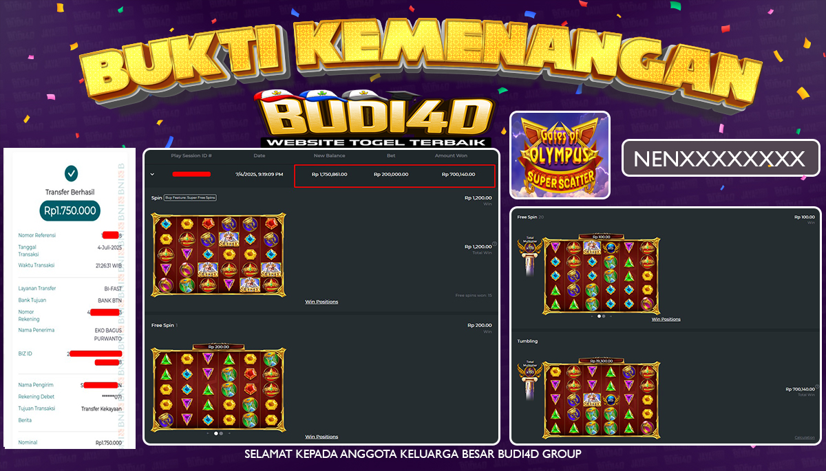 BUDI4D JACKPOT SLOT PRAGMATIC GATES OF OLYMPUS SUPER SCATTER Rp.1.750.000,- LUNAS