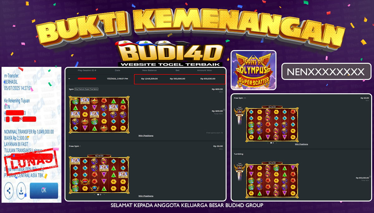 BUDI4D JACKPOT SLOT PRAGMATIC GATES OF OLYMPUS SUPER SCATTER Rp.1.049.000,- LUNAS