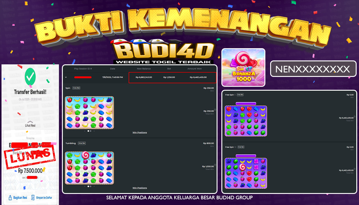 BUDI4D JACKPOT SLOT PRAGMATIC SWEET BONANZA 1000 Rp.7.500.000,- LUNAS