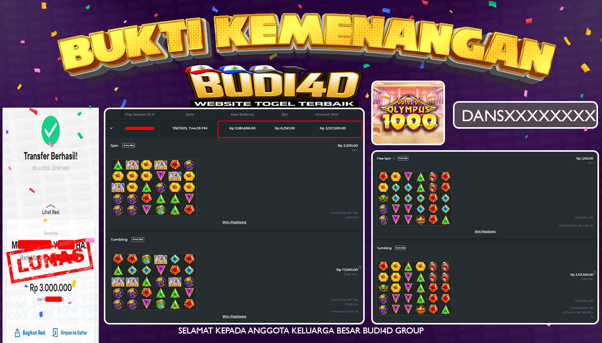 BUDI4D JACKPOT SLOT PRAGMATIC GATES OF OLYMPUS 1000 Rp.3.000.000,- LUNAS