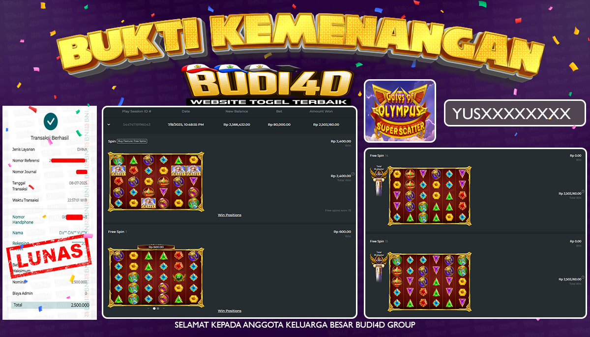 BUDI4D JACKPOT SLOT PRAGMATIC GATES OF OLYMPUS SUPER SCATTER Rp.2.500.000,- LUNAS