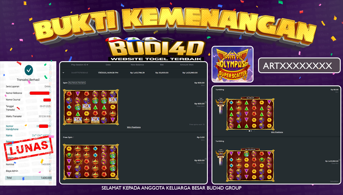 BUDI4D JACKPOT SLOT PRAGMATIC GATES OF OLYMPUS SUPER SCATTER Rp.1.400.000,- LUNAS