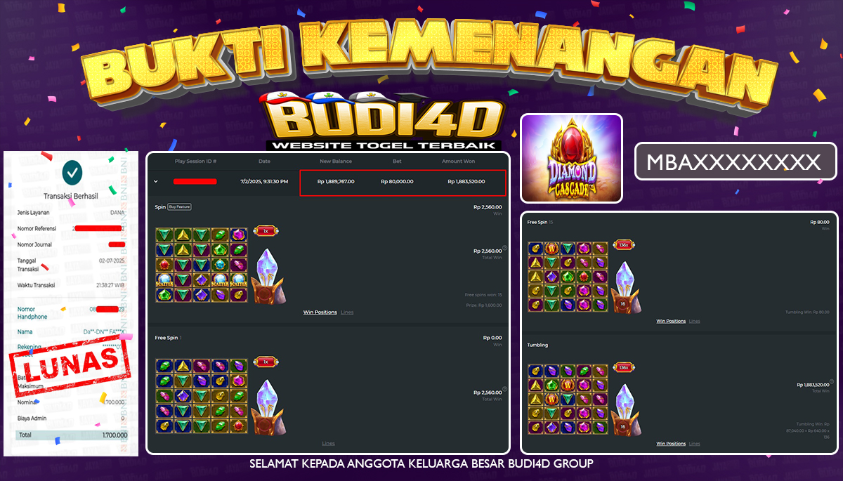 BUDI4D JACKPOT SLOT PRAGMATIC DIAMOND CASCADE Rp.1.700.000,- LUNAS
