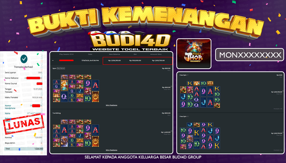 BUDI4D JACKPOT SLOT PRAGMATIC THE POWER OF THOR MEGAWAYS Rp.1.526.000,- LUNAS