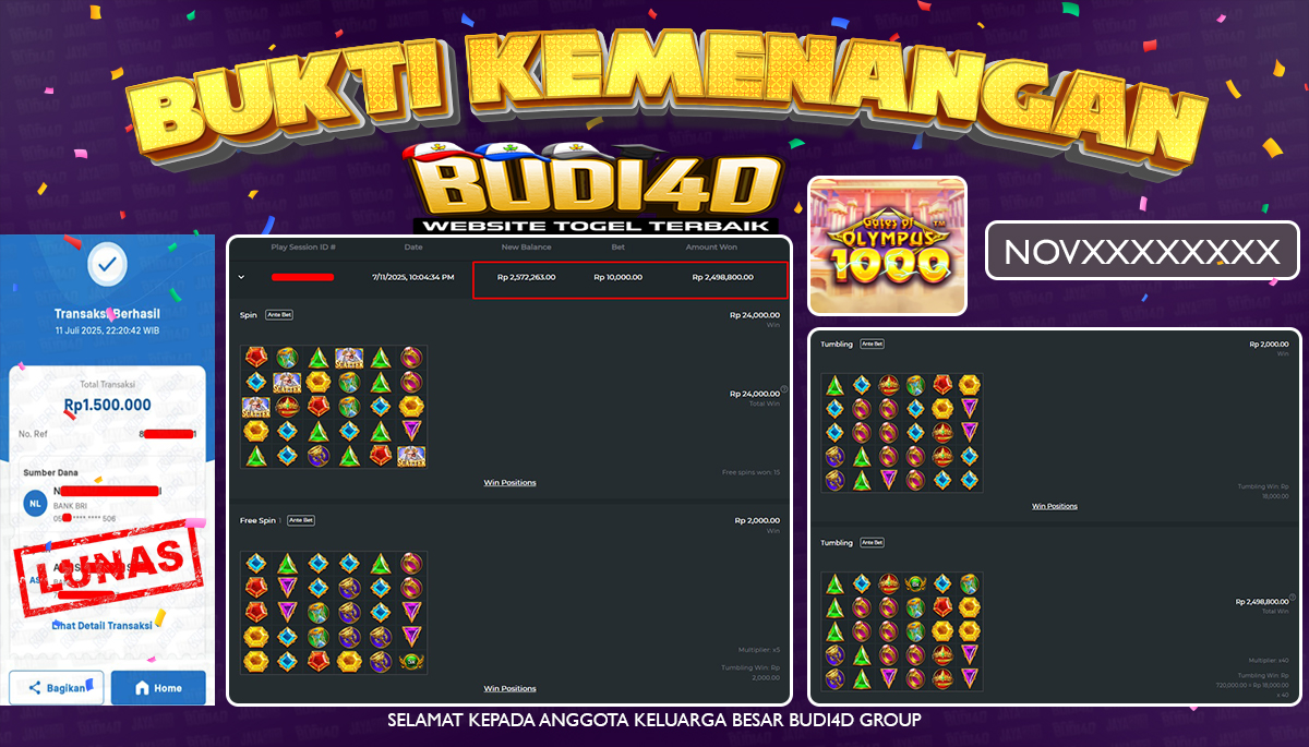 BUDI4D JACKPOT SLOT PRAGMATIC GATES OF OLYMPUS 1000 Rp.1.500.000,- LUNAS