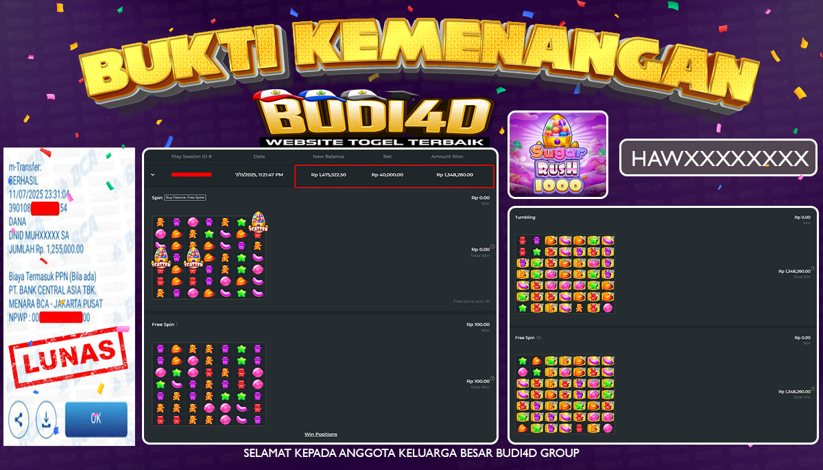BUDI4D JACKPOT SLOT PRAGMATIC SUGAR RUSH 1000 Rp.1.255.000,- LUNAS