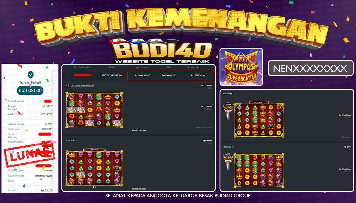 BUDI4D JACKPOT SLOT PRAGMATIC GATES OF OLYMPUS SUPER SCATTER Rp.1.000.000,- LUNAS