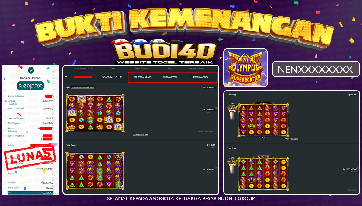 BUDI4D JACKPOT SLOT PRAGMATIC GATES OF OLYMPUS SUPER SCATTER Rp.2.027.000,- LUNAS