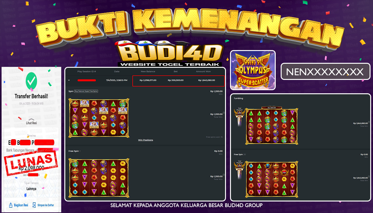 BUDI4D JACKPOT SLOT PRAGMATIC GATES OF OLYMPUS SUPER SCATTER Rp.2.098.000,- LUNAS
