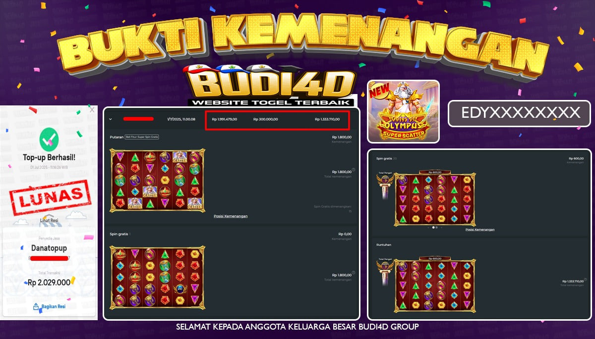 BUDI4D JACKPOT SLOT PRAGMATIC GATES OF OLYMPUS SUPER SCATTER Rp.2.090.000,- LUNAS