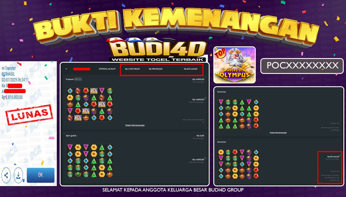 BUDI4D JACKPOT SLOT PRAGMATIC GATES OF OLYMPUS Rp.2.819.000,- LUNAS