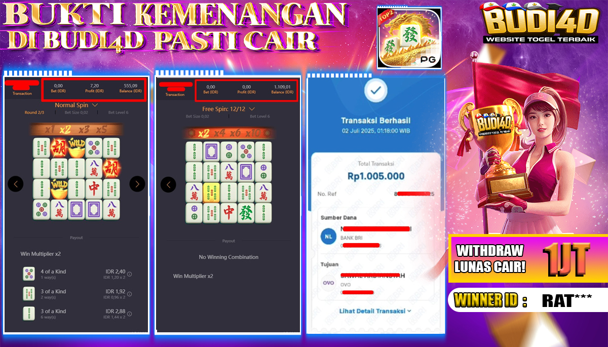 BUDI4D JACKPOT SLOT PG SOFT MAHJONG WAYS Rp.1.005.000,- LUNAS
