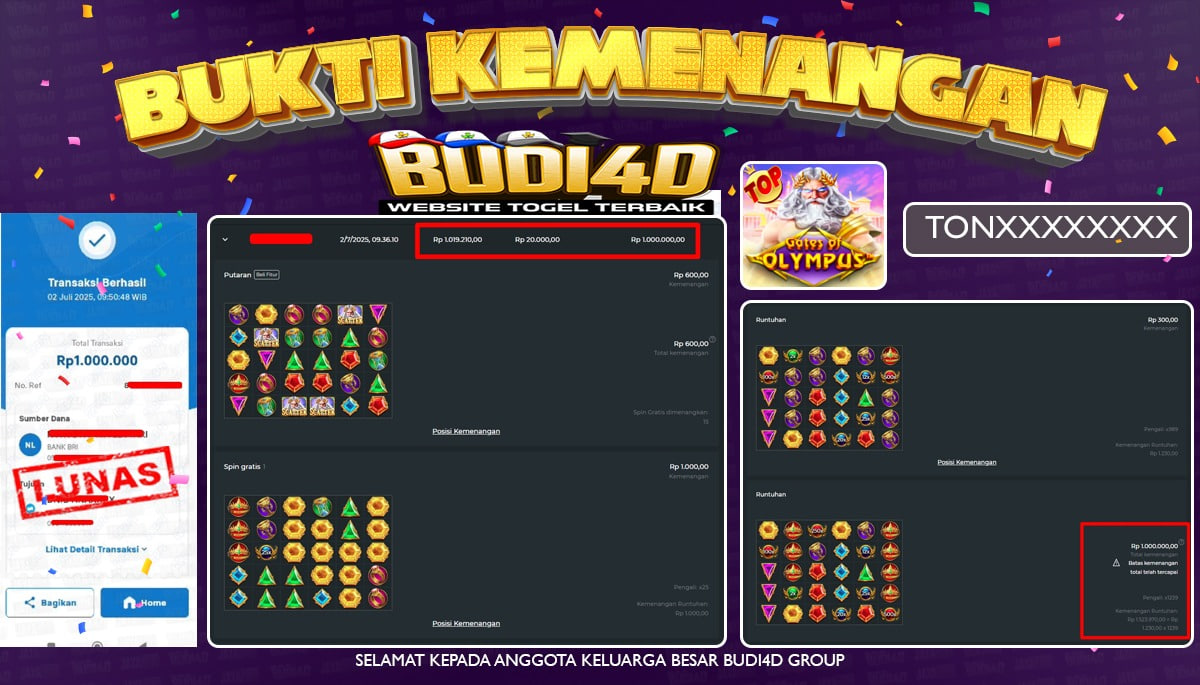 BUDI4D JACKPOT SLOT PRAGMATIC GATES OF OLYMPUS Rp.1.000.000,- LUNAS