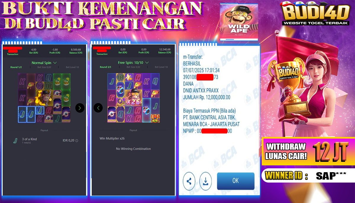BUDI4D JACKPOT SLOT PGSOFT WILD APE Rp.12.000.000,- LUNAS