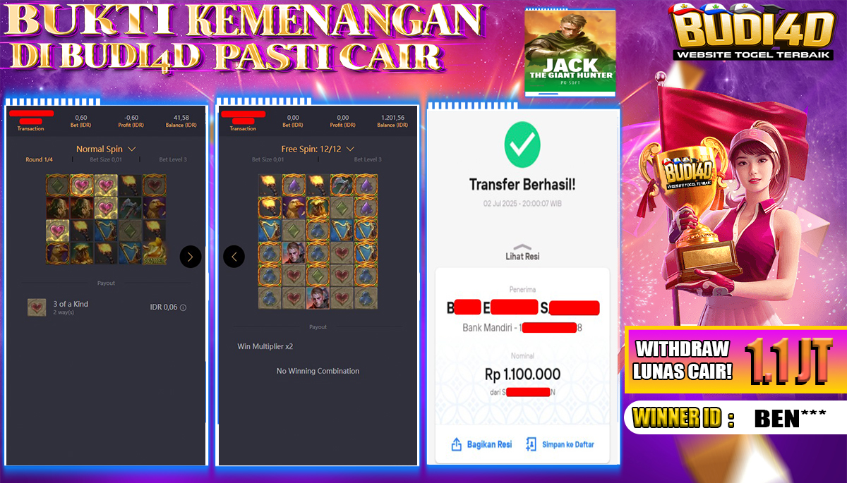 BUDI4D JACKPOT SLOT PGSOFT JACK THE GIANT HUNTER Rp.1.100.000,- LUNAS