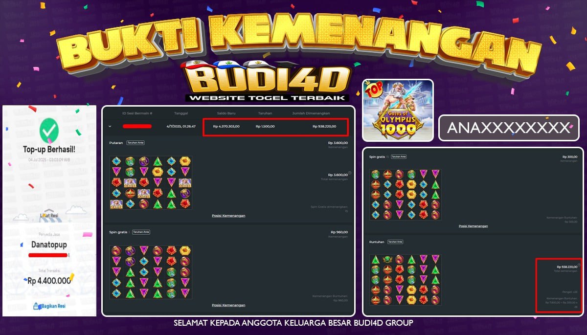 BUDI4D JACKPOT SLOT PRAGMATIC PLAY GATES OF OLYMPUS 1000 Rp.4.400.000,- LUNAS