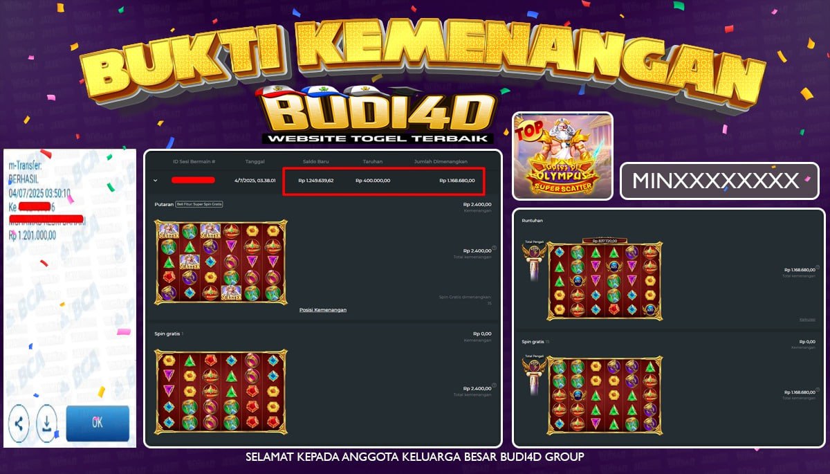 BUDI4D JACKPOT SLOT PRAGMATIC PLAY GATES OF OLYMPUS SUPER SCATTER Rp.1.201.000,- LUNAS