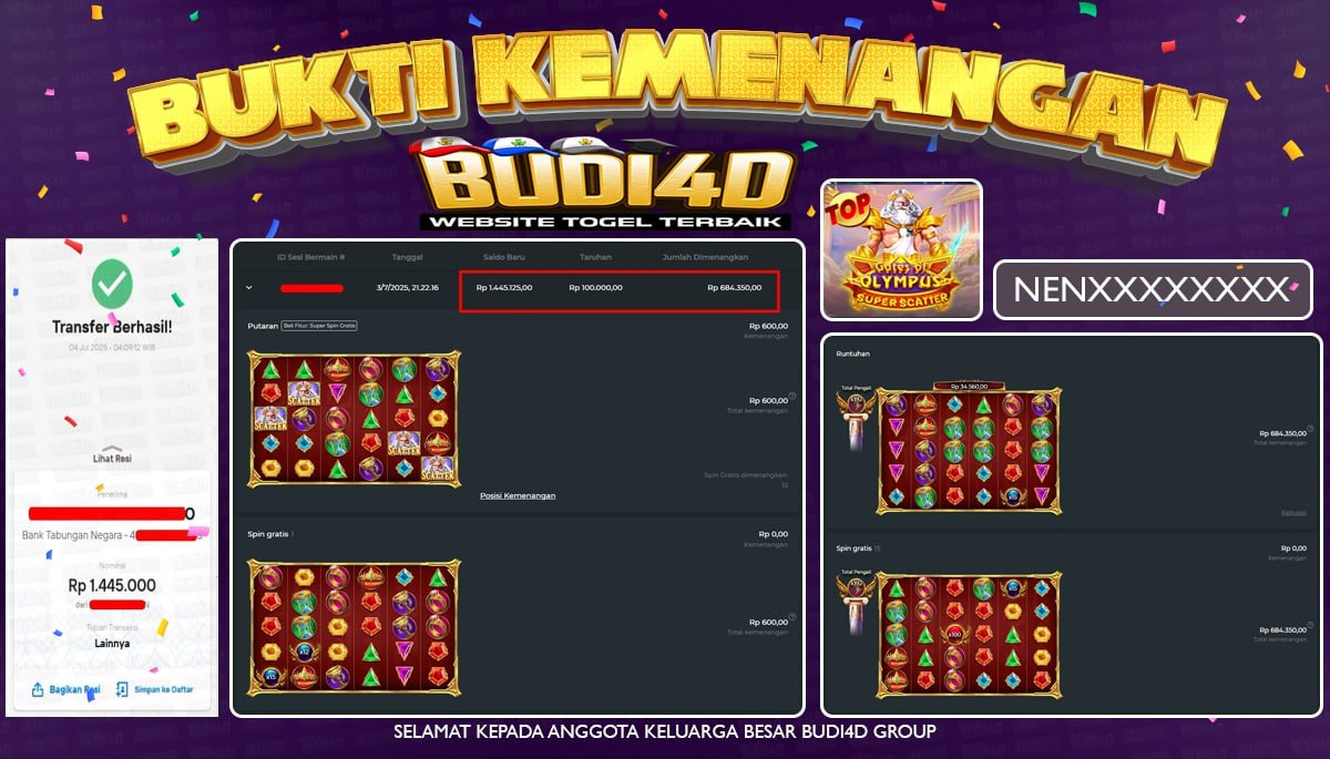 BUDI4D JACKPOT SLOT PRAGMATIC PLAY GATES OF OLYMPUS SUPER SCATTER Rp.1.445.000,- LUNAS