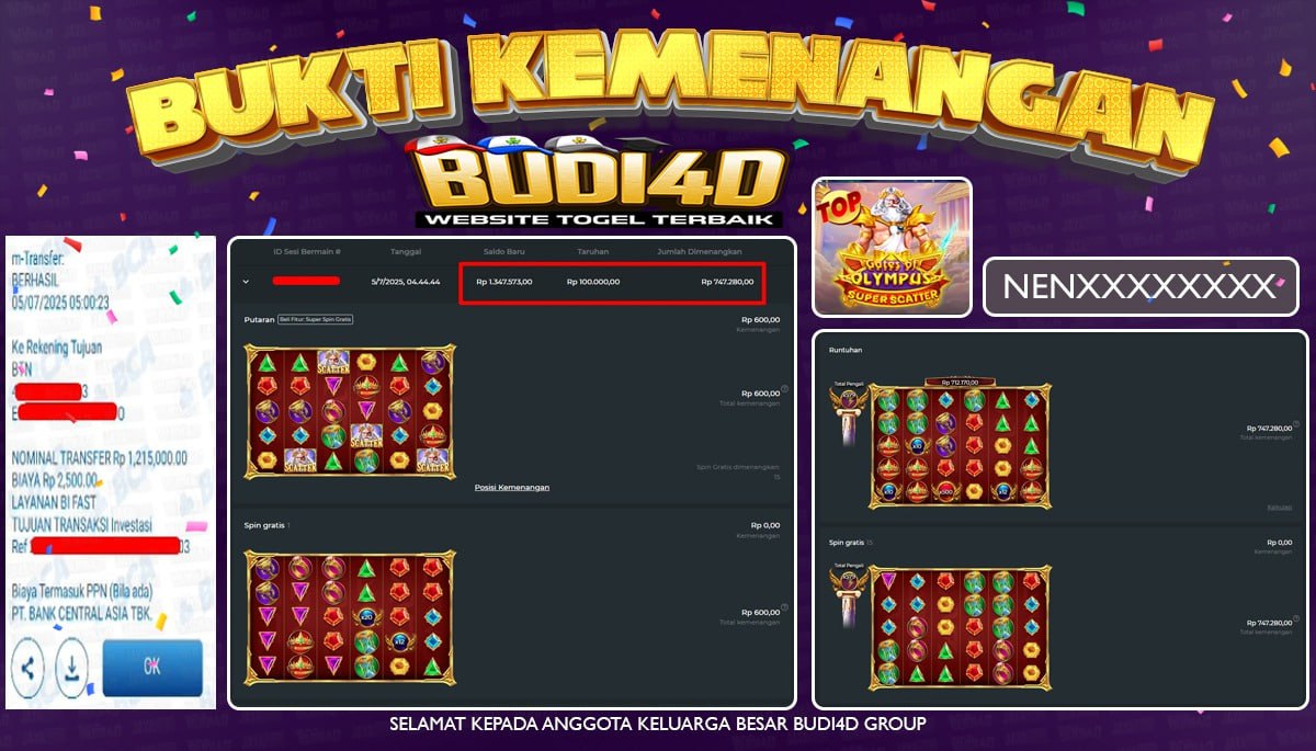 BUDI4D JACKPOT SLOT PRAGMATIC PLAY GATES OF OLYMPUS SUPER SCATTER Rp.1.215.000,- LUNAS