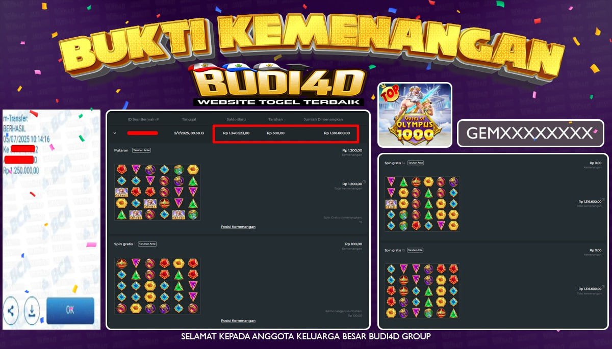 BUDI4D JACKPOT SLOT PRAGMATIC PLAY GATES OF OLYMPUS 1000 Rp.1.250.000,- LUNAS