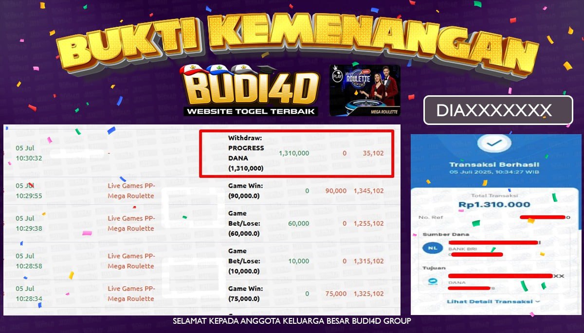 BUDI4D JACKPOT LIVECASINO MEGA ROULETTE Rp.1.310.000,- LUNAS