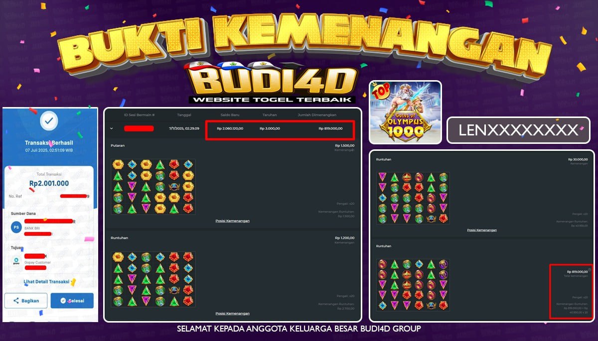 BUDI4D JACKPOT SLOT PRAGMATIC PLAY GATES OF OLYMPUS 1000 Rp.2.001.000,- LUNAS